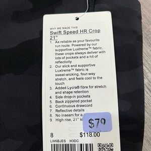 NWT Lululemon Swift Speed HR Crop 21” size 8
